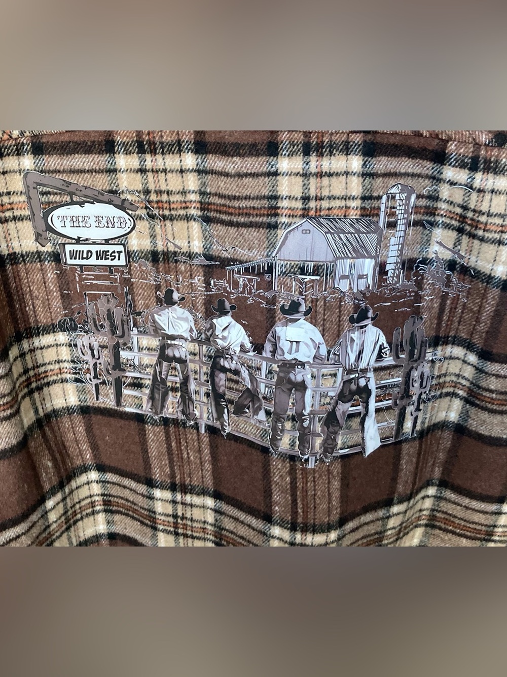 Women's Brown Plaid Teddy Jacket with Back Graphic Sz Large - Picture 10 of 10